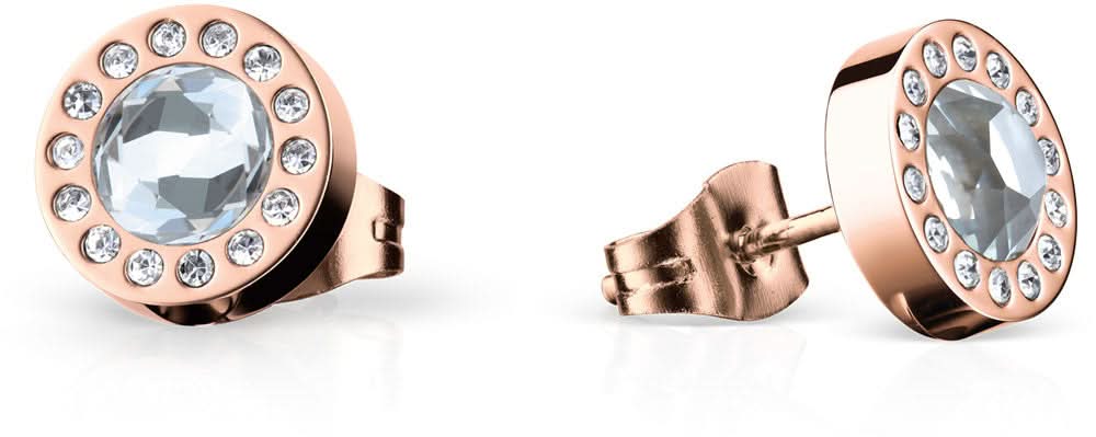 Pendientes de acero inoxidable en tono oro rosa con piedra redonda gris y pequeñas circonitas en círculo
