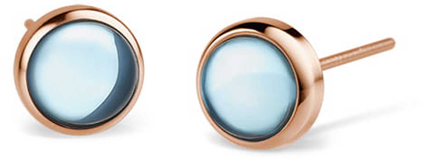 Pendientes, pendientes redondos de acero inoxidable con montura en oro rosa y cristal azul