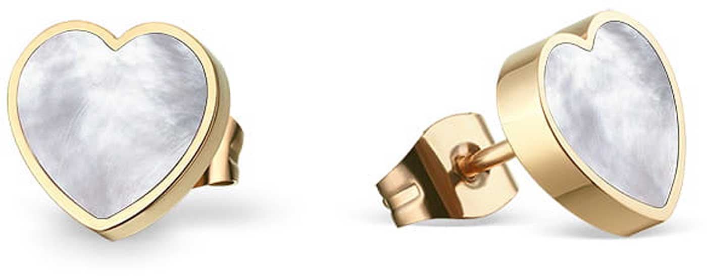 Pendientes Bering en forma de corazón de acero inoxidable, bisel dorado con incrustación blanca
