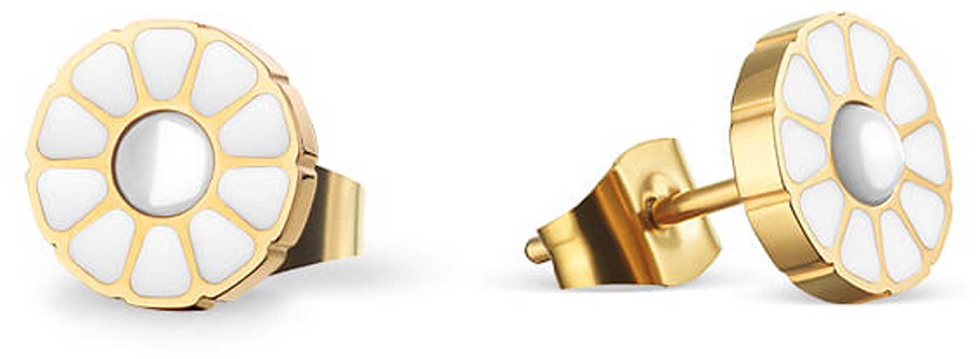 Pendientes de acero inoxidable: pendientes de botón dorados con diseño de flor blanca redonda