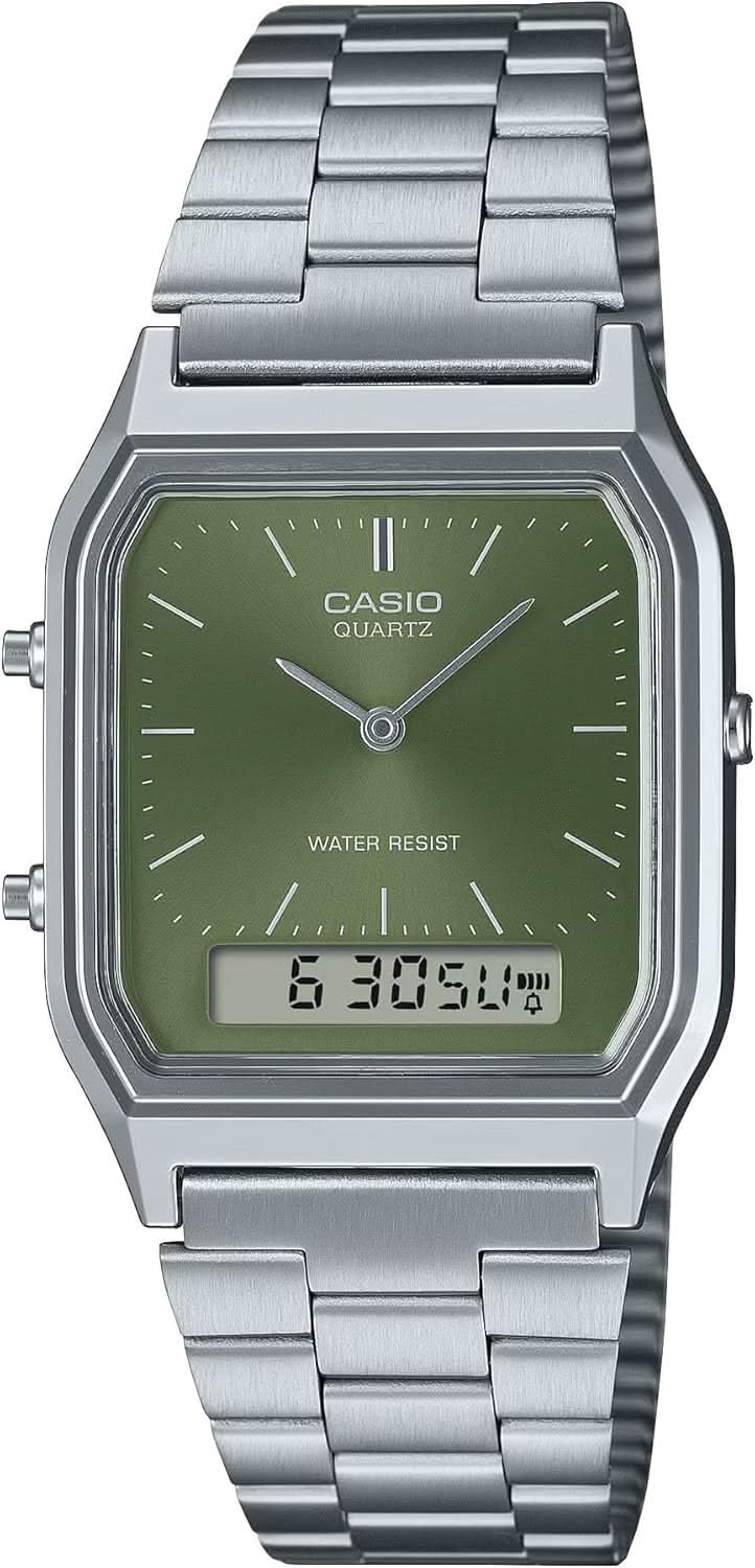 Pulsera con esfera verde y correa de acero, pantalla digital, caja angular