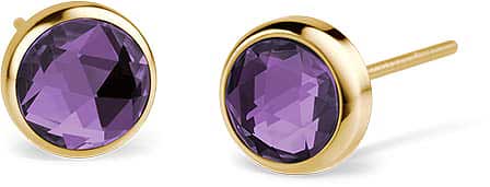 Pendientes de acero inoxidable con piedra redonda facetada morada en aro dorado
