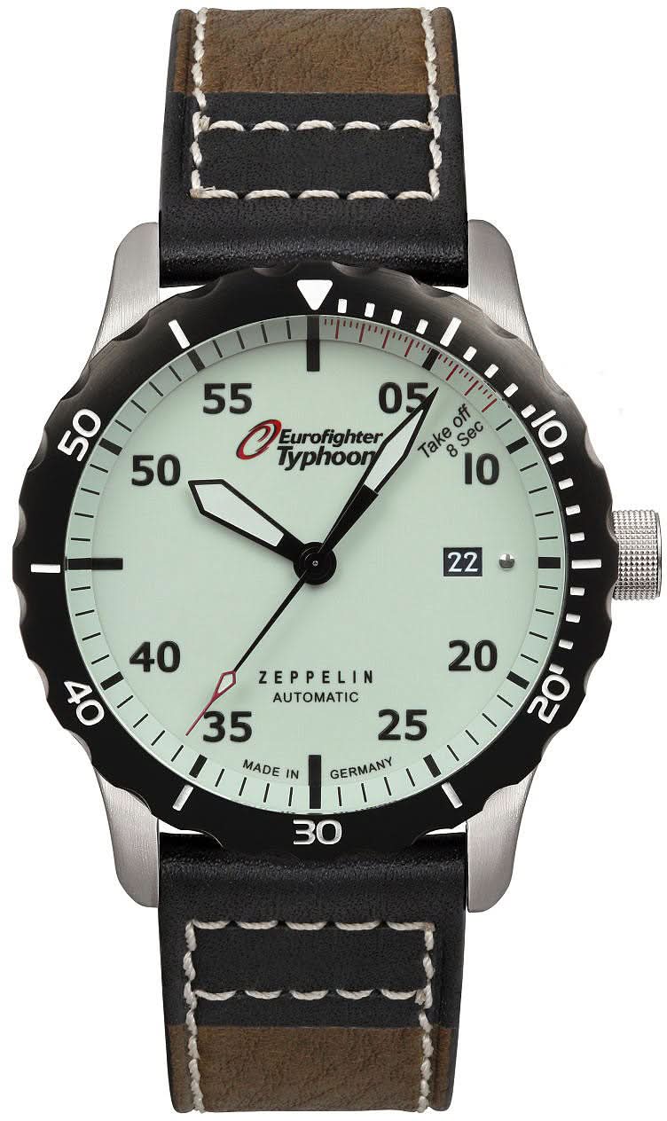 Reloj Zeppelin para hombre, automático, caja negra, esfera beige, correa de cuero.