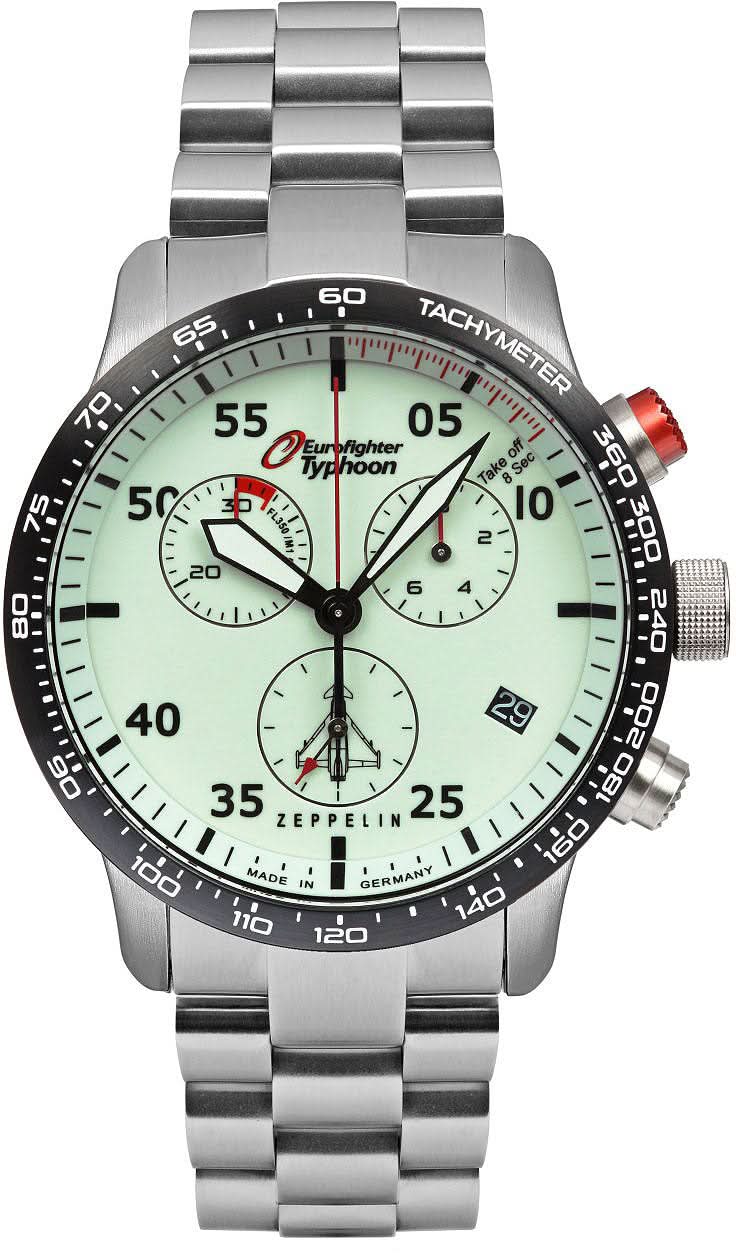 Reloj de hombre con correa de metal plateado, esfera blanca y bisel taquímetro