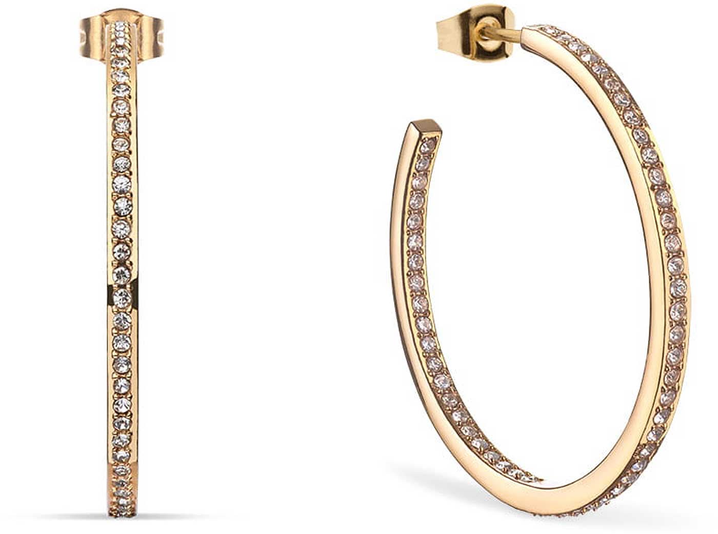 Aros de acero inoxidable con pedrería, dorados, semicirculares con brillantes piedras pavé