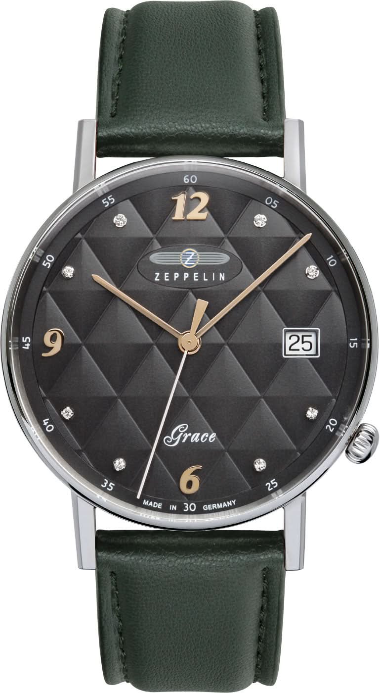 "Reloj de mujer con correa de cuero verde, esfera negra y marcadores de cristal brillantes"