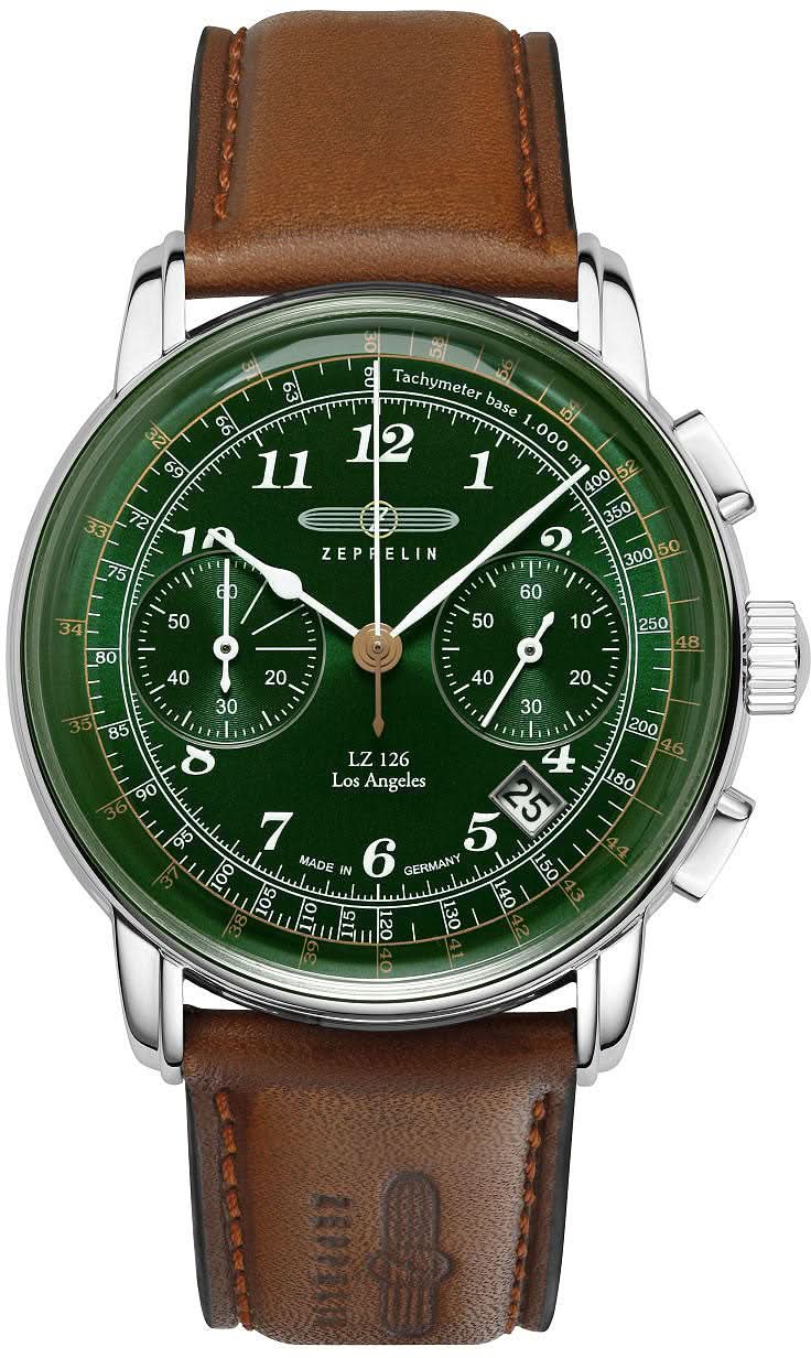 Reloj cronógrafo para hombre con esfera verde y correa de cuero marrón