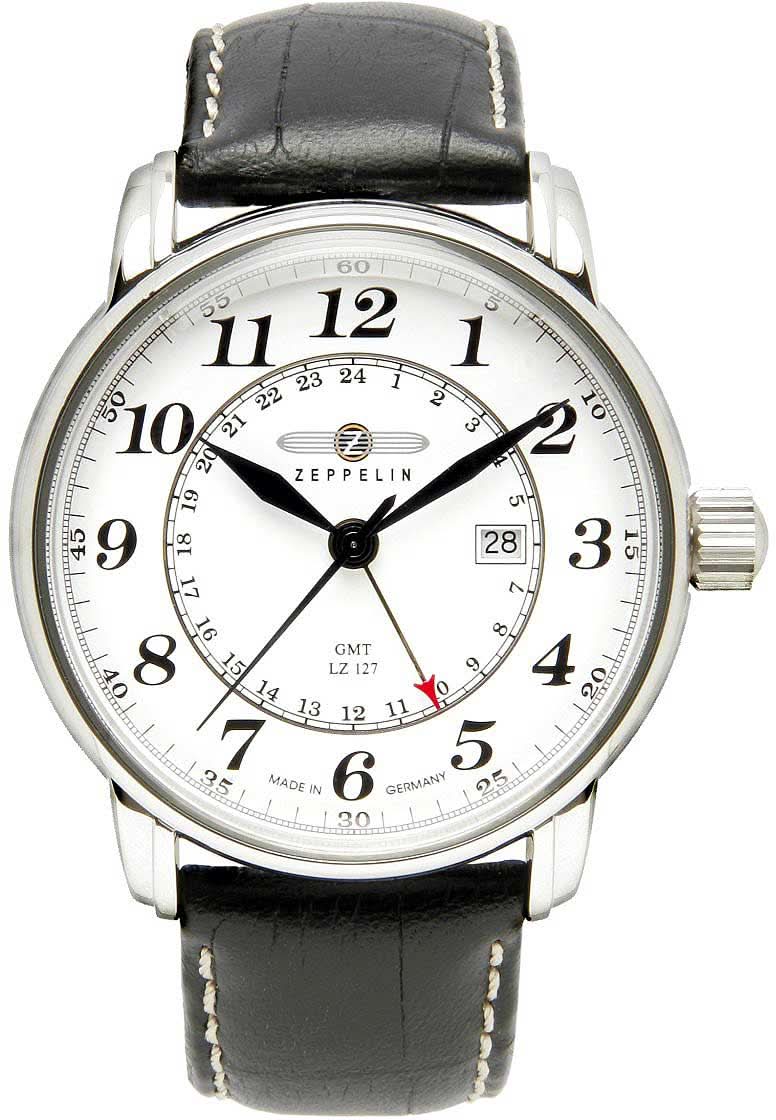 Reloj de pulsera para hombre Zeppelin: caja redonda plateada, correa de cuero negra, esfera blanca con GMT.
