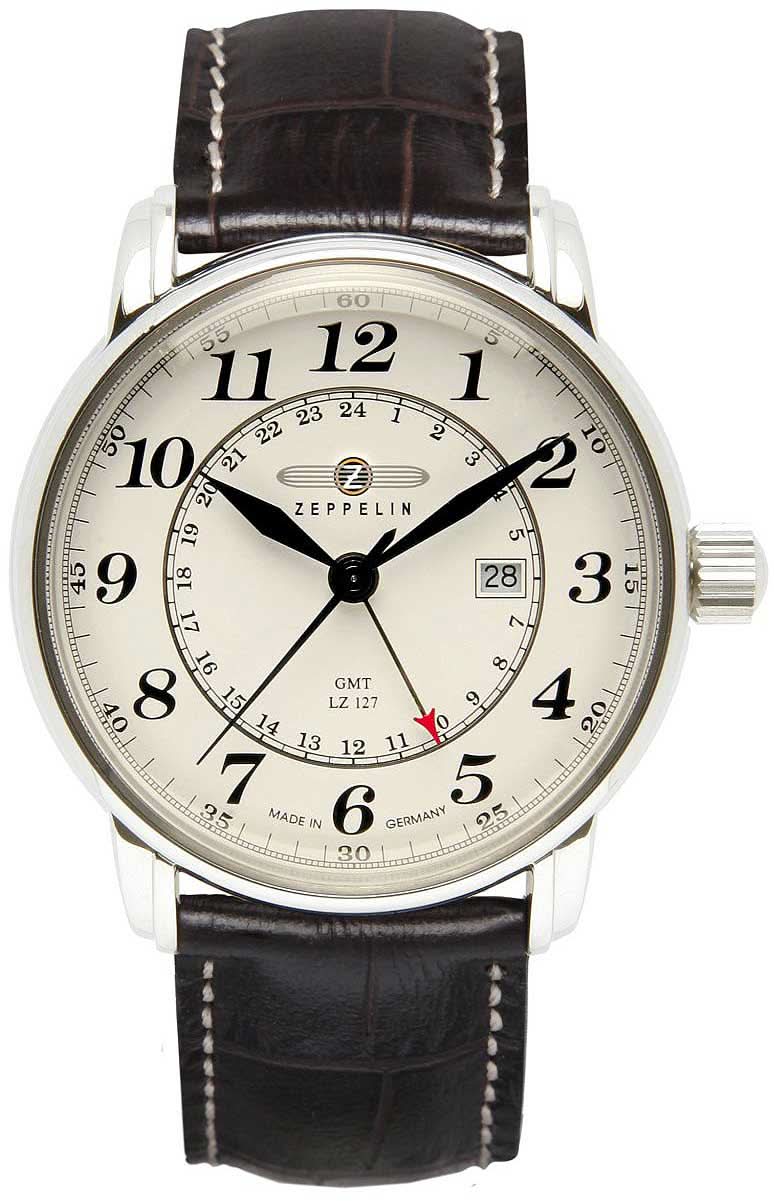 Reloj Zeppelin para hombre con correa de cuero negra, caja plateada, esfera blanca y visualización de fecha