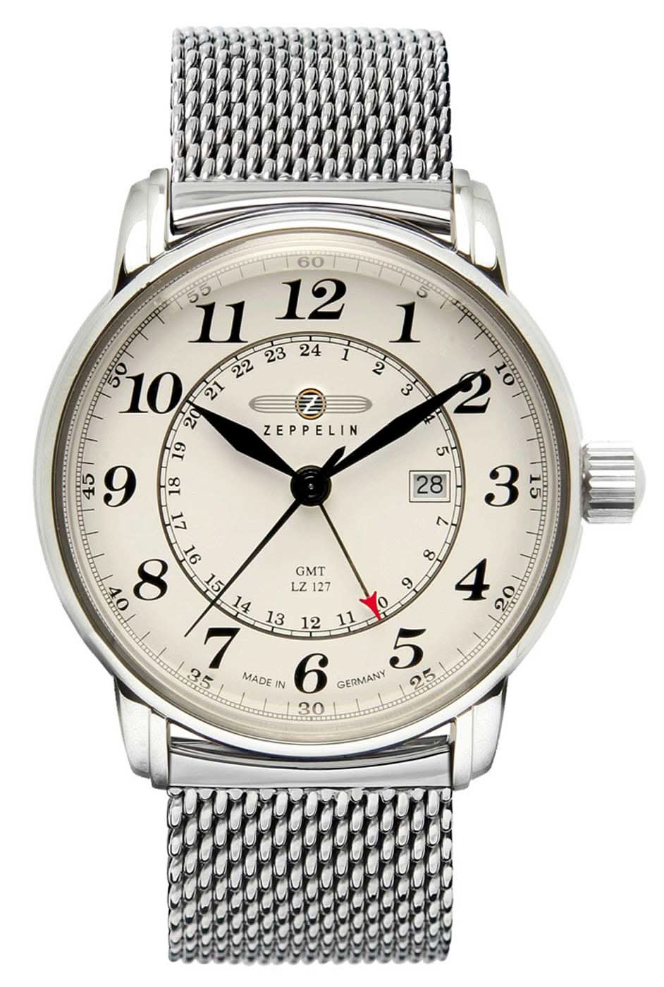 Reloj de hombre con correa de malla plateada, esfera analógica y ventana de fecha a las 3
