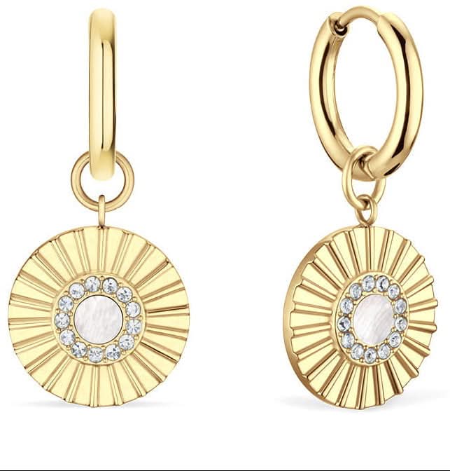 Pendientes de aro dorados con diseño de rayo de sol redondo y piedras transparentes