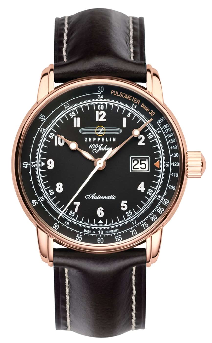 Reloj de hombre con esfera negra y correa de cuero negra, caja de oro rosa