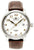 Reloj de hombre: caja plateada, esfera blanca, correa de cuero marrón, ventana de fecha