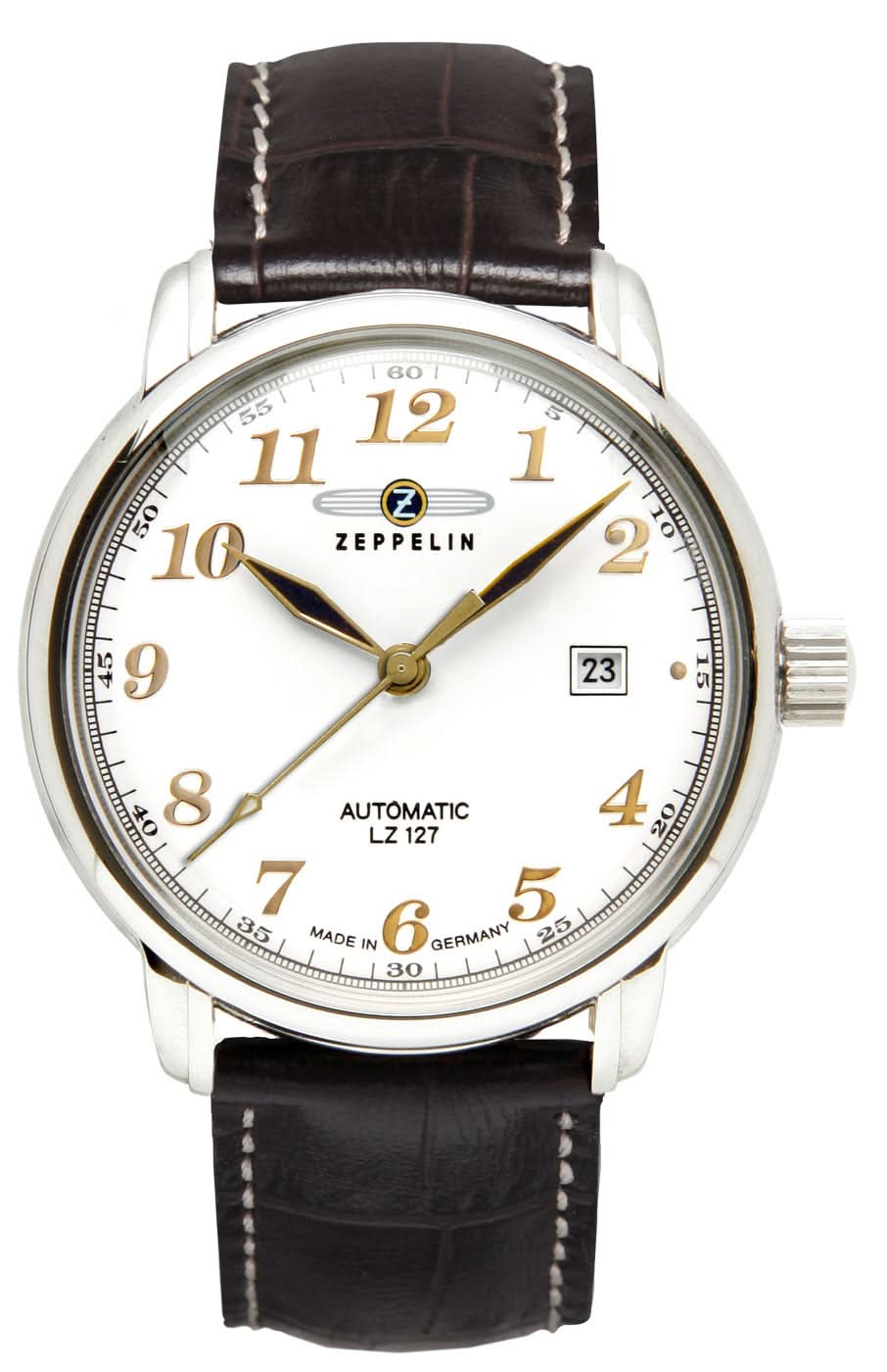 Reloj de hombre: caja plateada, esfera blanca, correa de cuero marrón, ventana de fecha