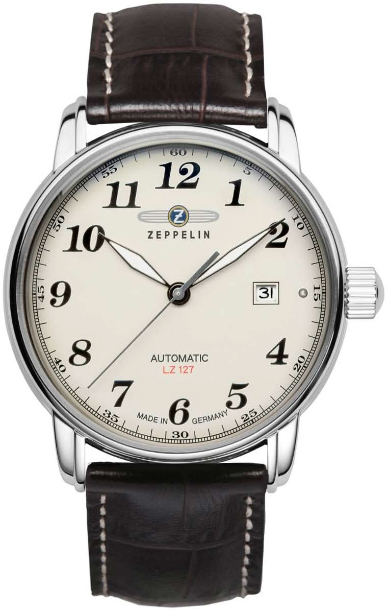 Reloj Zeppelin para hombre con caja redonda plateada, esfera beige y correa de cuero negra