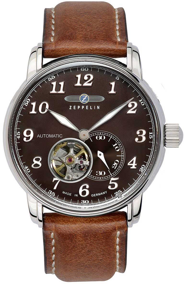 Reloj Zeppelin para hombre con corazón abierto, correa de cuero marrón y esfera oscura