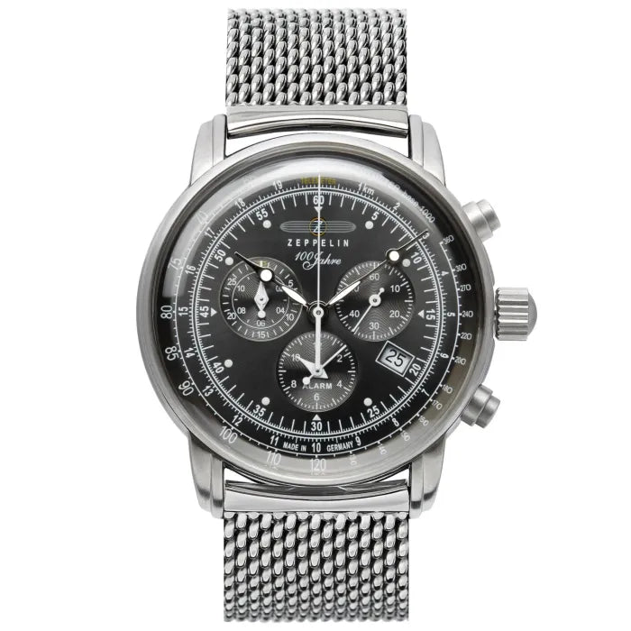 Zeppelin 100 Jahre 7680M-2 Herren Armbanduhr Schwarz • Schweizer Quarzwerk • Chronograph mit Alarm