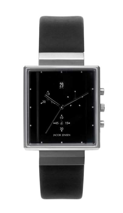 Pulsera de reloj para hombre Jacob Jensen con caja rectangular, esfera negra y correa de cuero negra