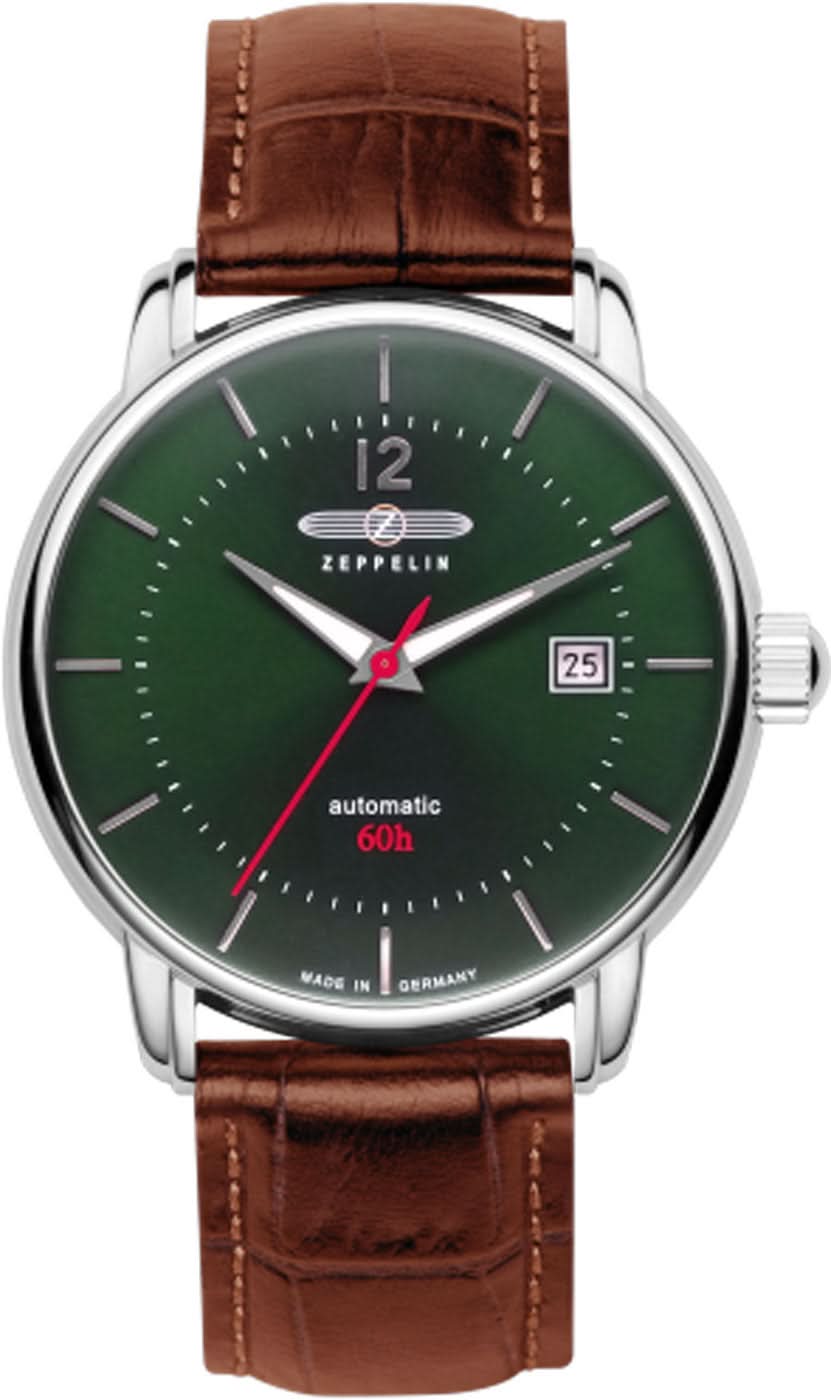 Reloj de hombre con esfera verde, correa de cuero marrón, ventana de fecha y visualización automática