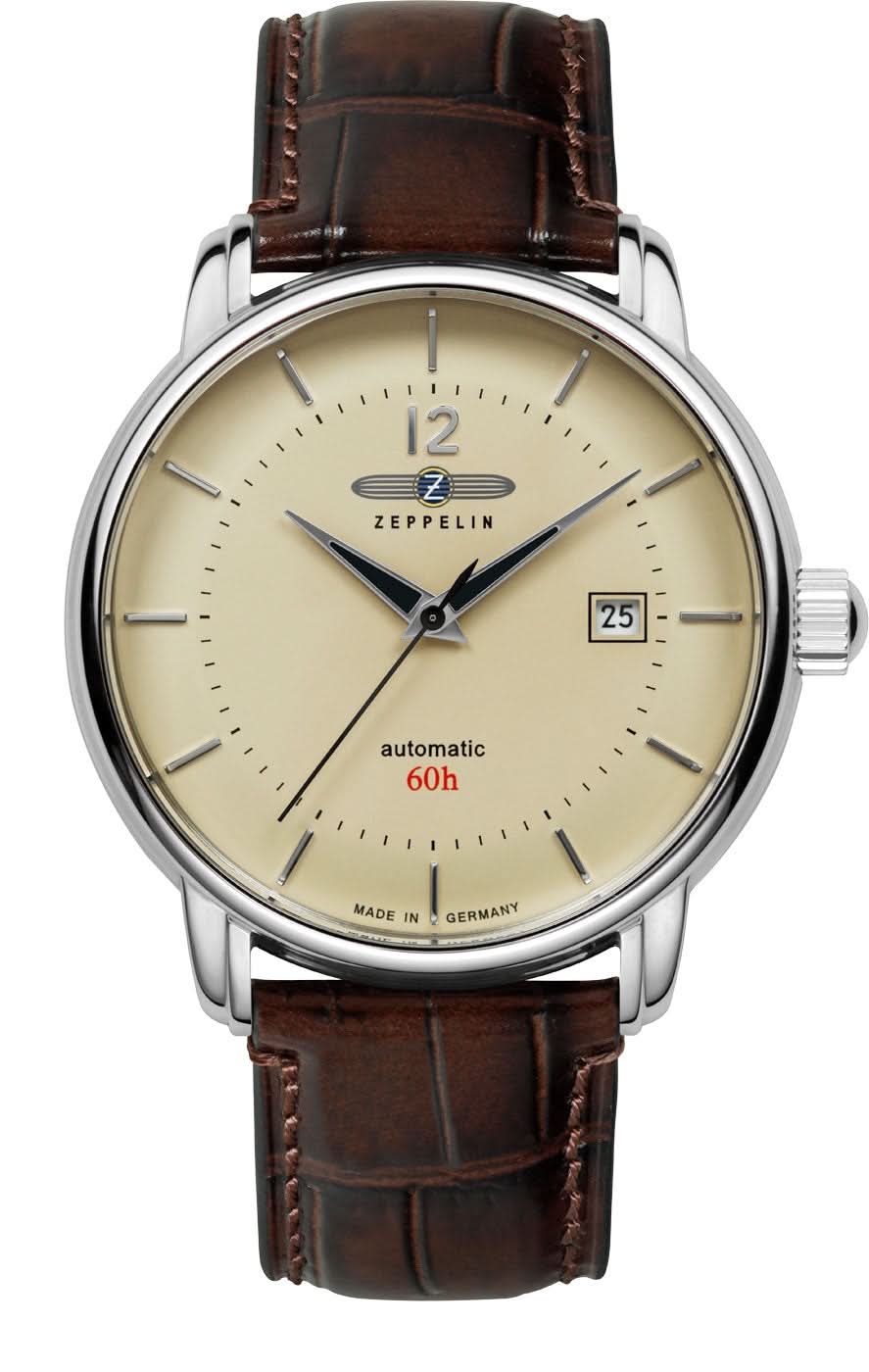 Pulsera de hombre con correa de cuero marrón, esfera beige y bisel de acero