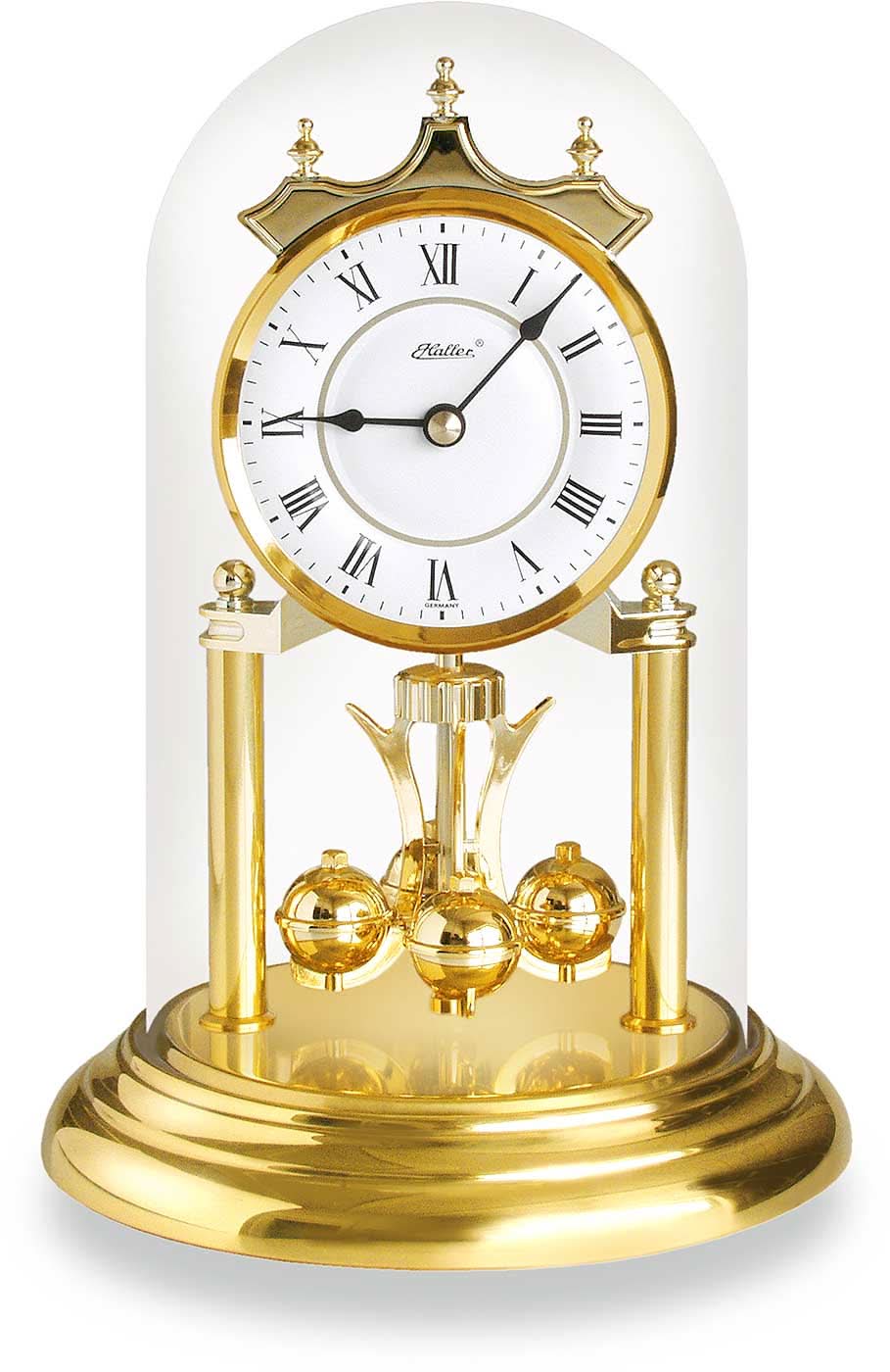 Reloj de mesa de latón con cúpula de cristal, números romanos y mecanismo dorado