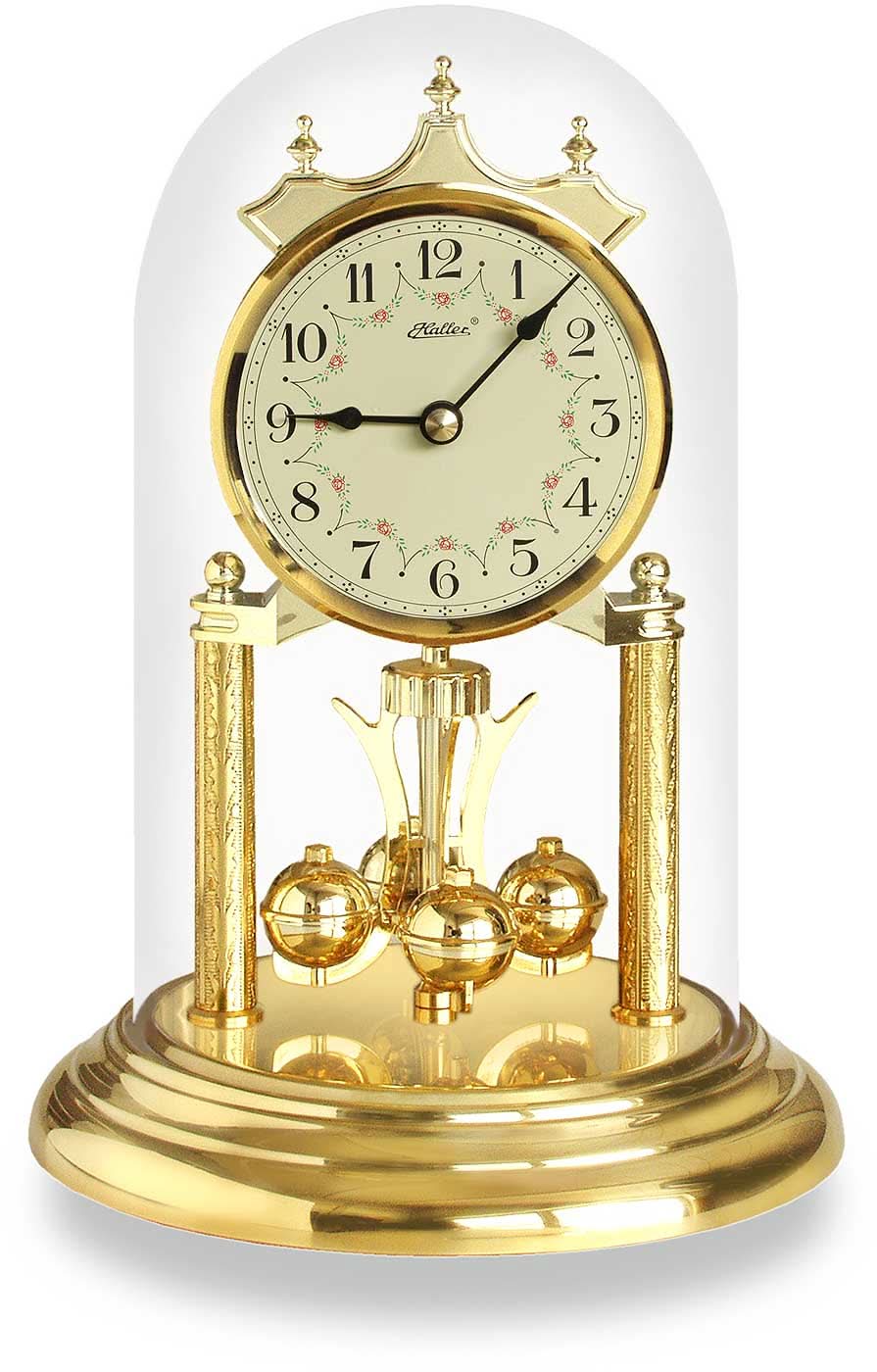 Reloj de mesa con campana de cristal, esfera redonda y carcasa de metal dorado