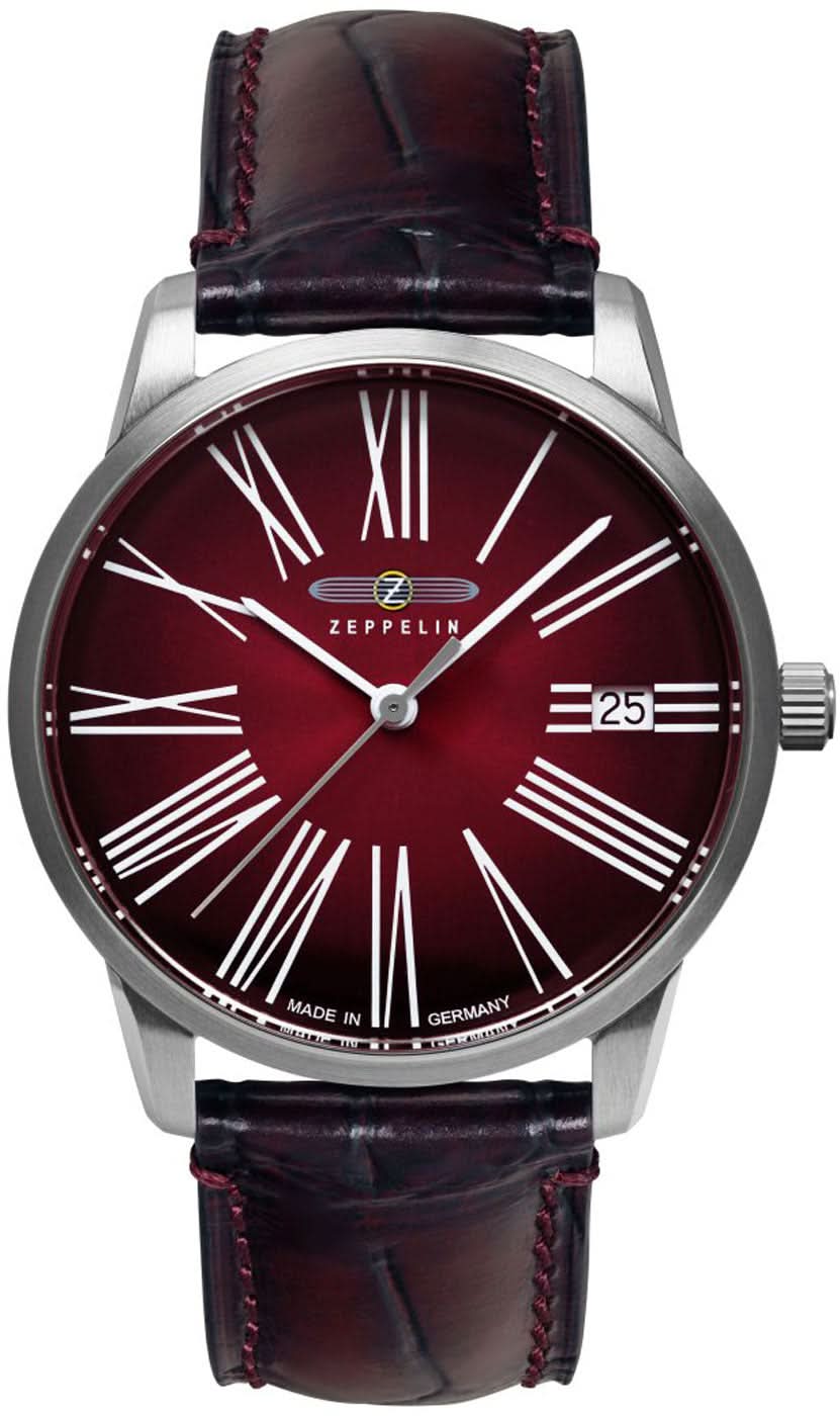 "Reloj de mujer con esfera burdeos, números romanos y correa de cuero marrón, caja plateada"