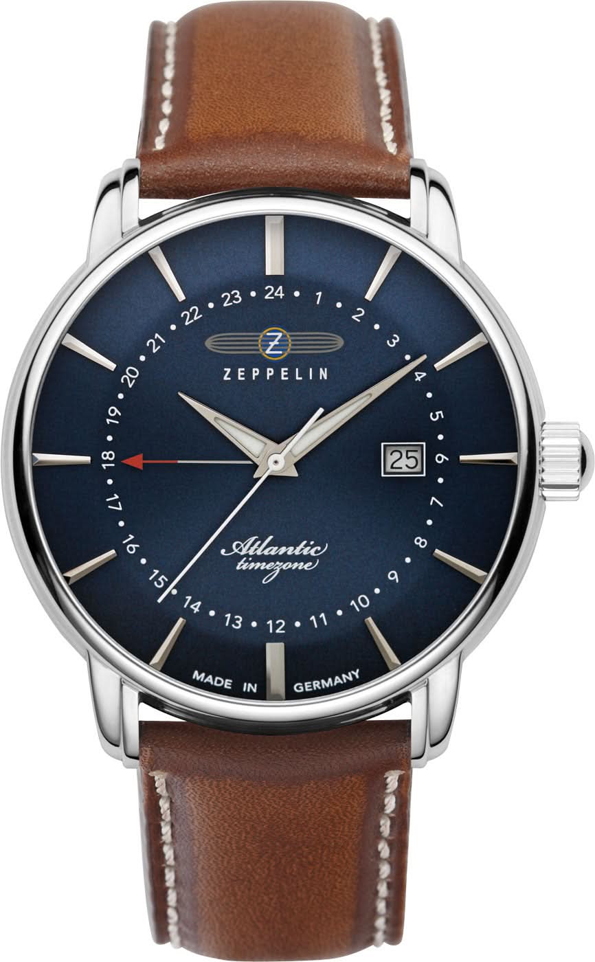Reloj GMT para hombre con correa de cuero marrón, esfera azul y caja plateada