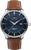 Reloj GMT para hombre con correa de cuero marrón, esfera azul y caja plateada