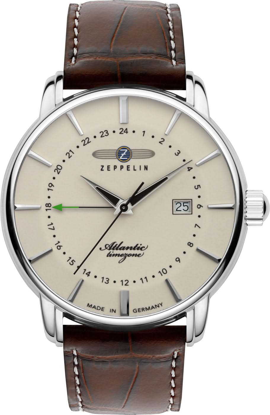 Reloj de hombre con caja plateada, esfera beige y correa de cuero marrón, visualización analógica