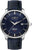 Pulsera de hombre: esfera azul, visualización de fecha, caja plateada, correa de cuero azul oscuro.