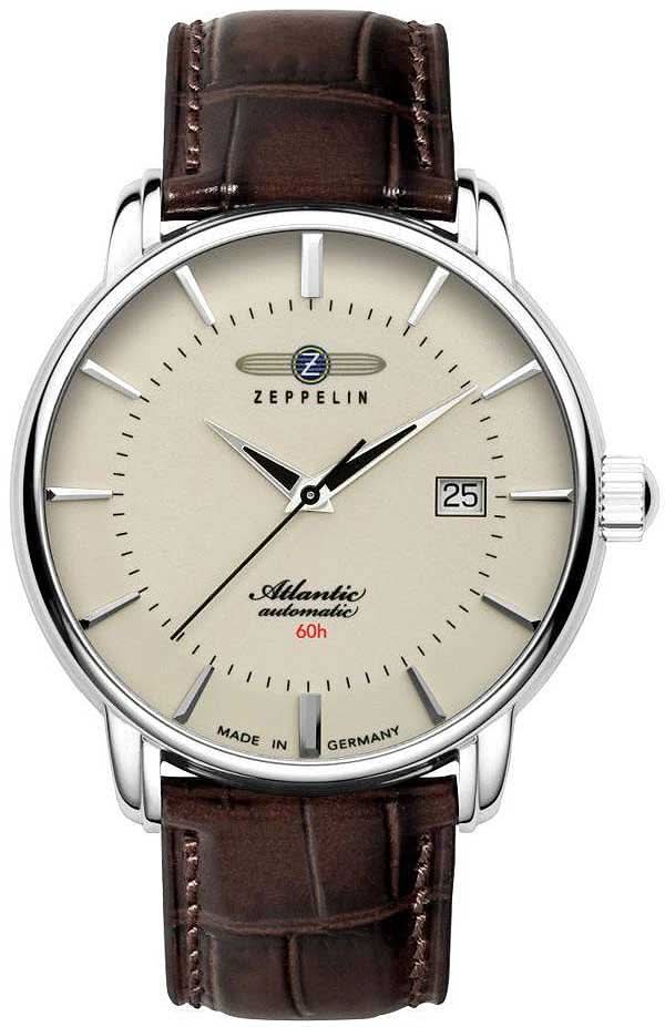 Zeppelin Atlantic Reloj para hombre, correa de cuero marrón, esfera beige, fecha