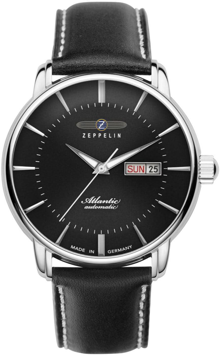 Reloj Zeppelin para hombre con automático, esfera negra, correa de cuero negra, ventana de fecha