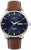 Reloj de hombre con esfera azul, correa de cuero marrón y visualización de día y fecha a las 3