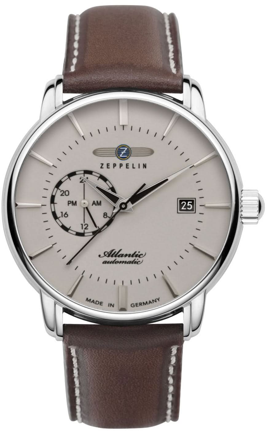 Reloj de hombre con caja de acero inoxidable plateada, correa de cuero marrón y esfera plateada, fecha 25