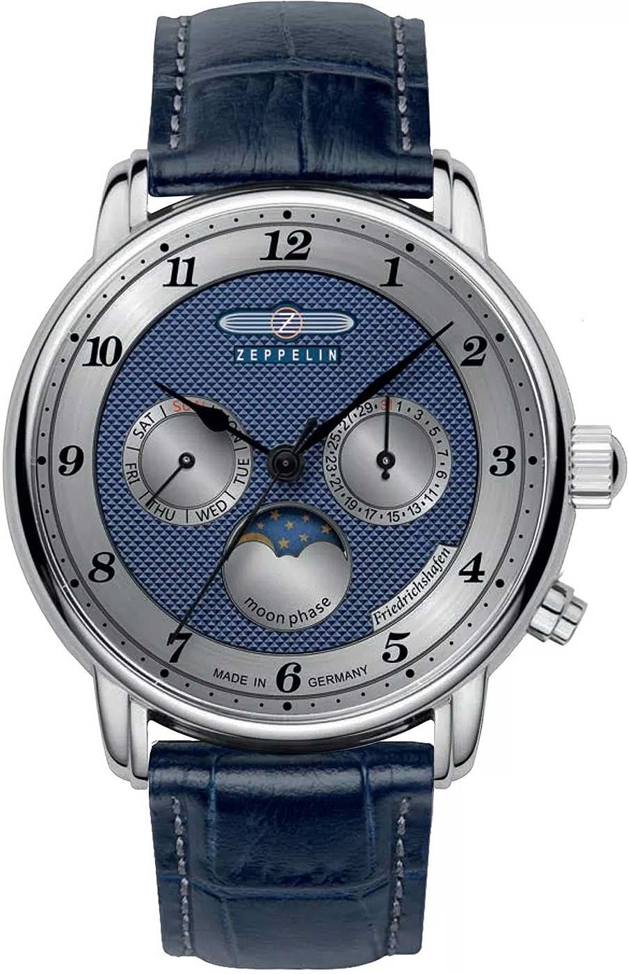 Pulsera de hombre con esfera azul, caja plateada y correa de piel azul oscuro