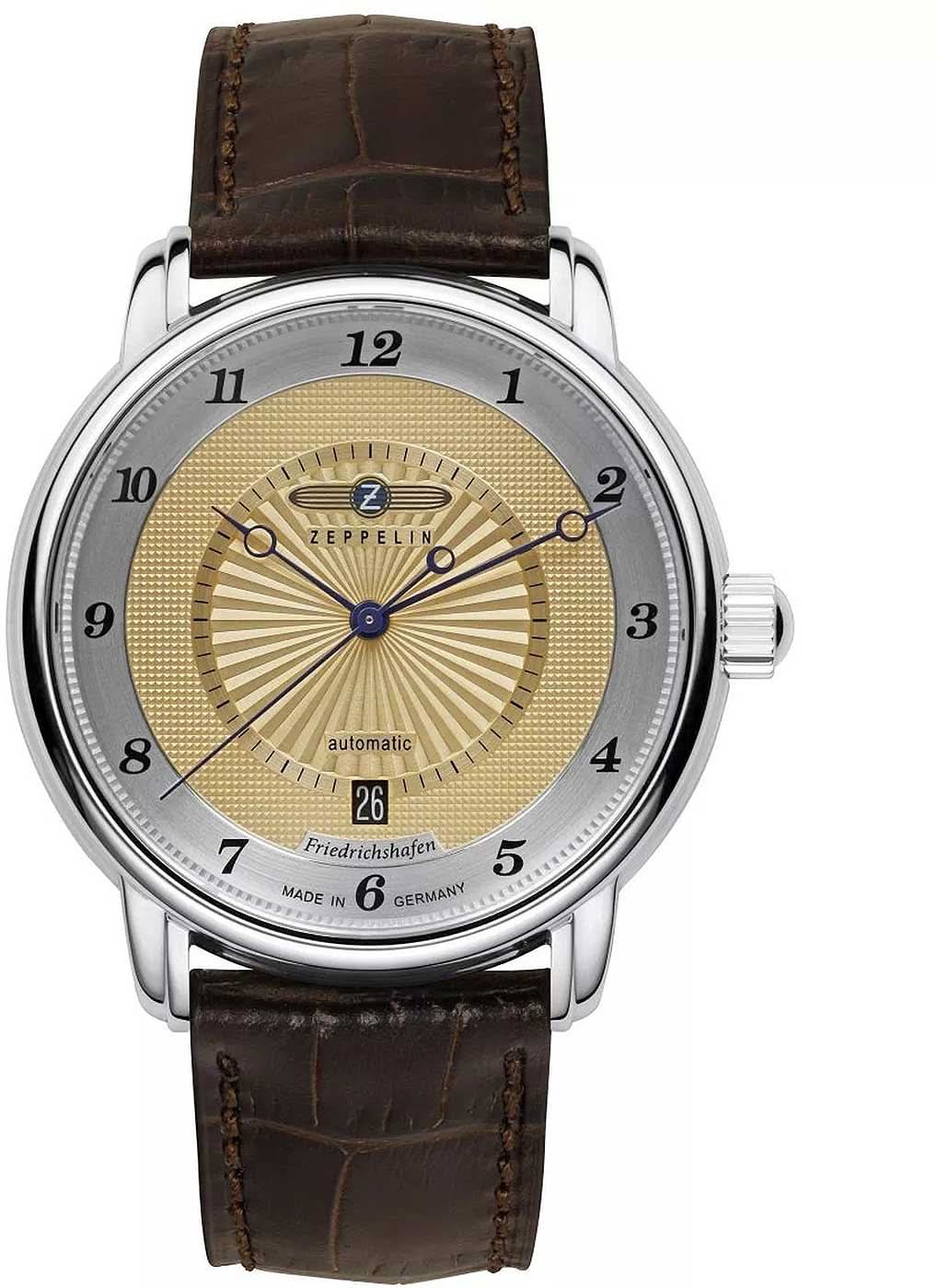 Reloj de hombre con correa de cuero marrón, caja redonda plateada y esfera dorada