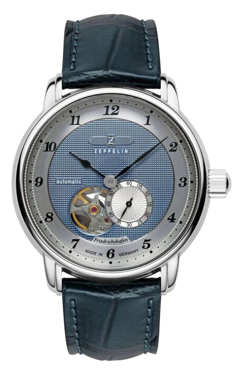 Pulsera de hombre con esfera azul, corazón abierto y correa de cuero azul oscuro
