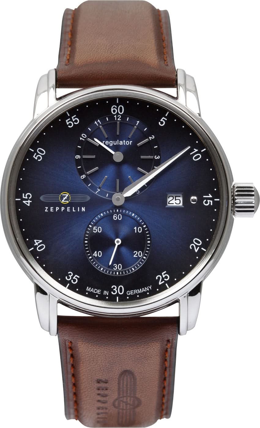 Reloj Zeppelin para hombre con esfera azul oscuro, caja plateada y correa de cuero marrón