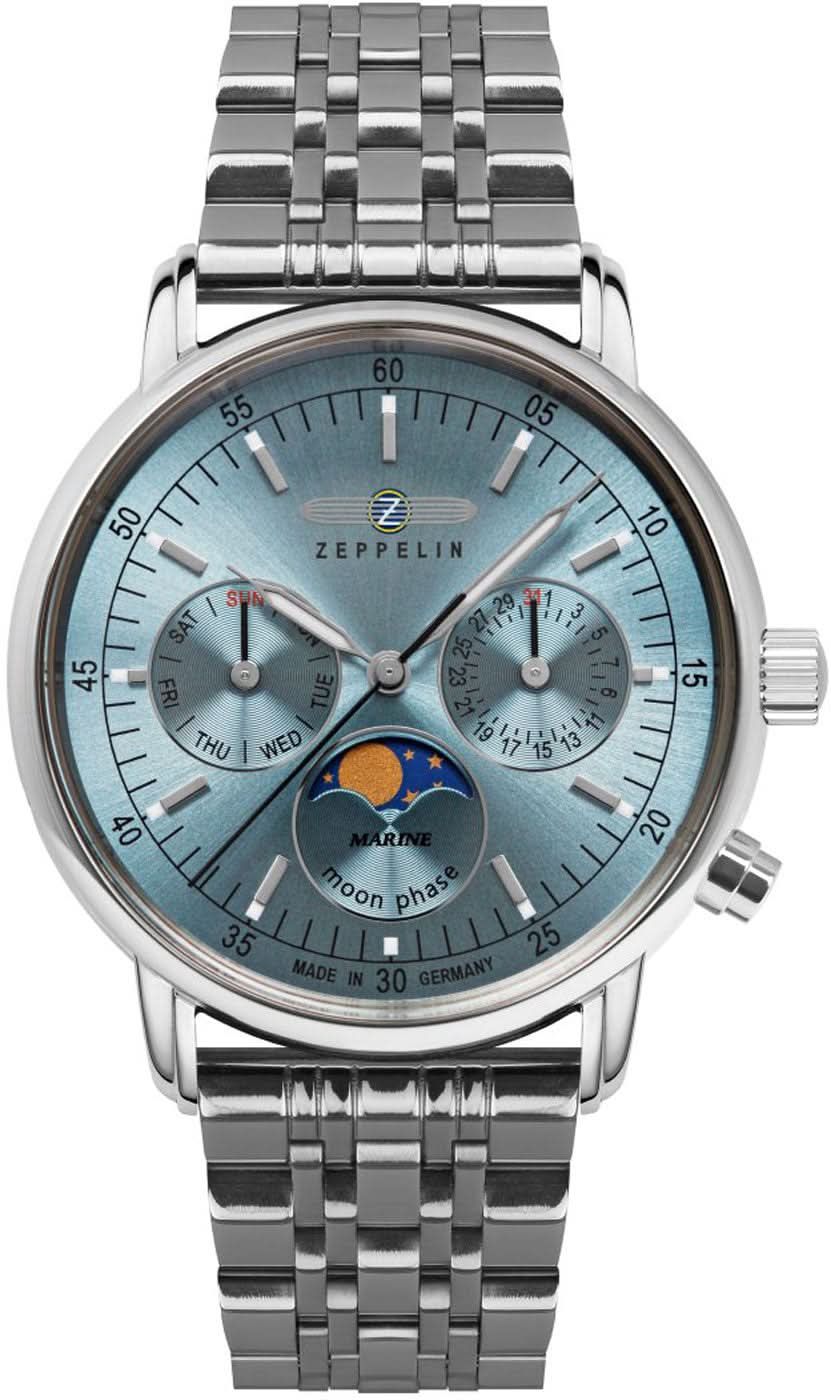 Reloj de mujer con correa de metal, esfera azul y visualización de fases lunares, caja redonda