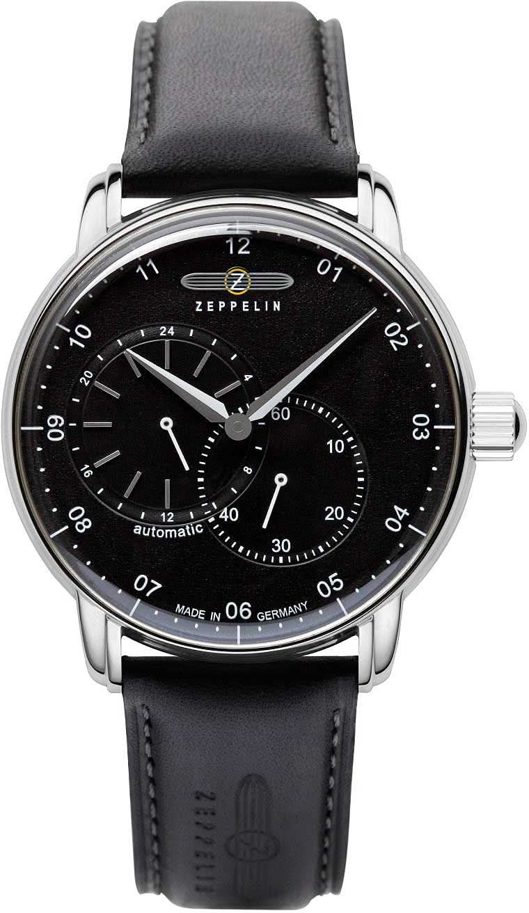 Pulsera de hombre con esfera negra, caja plateada y correa de cuero, automática