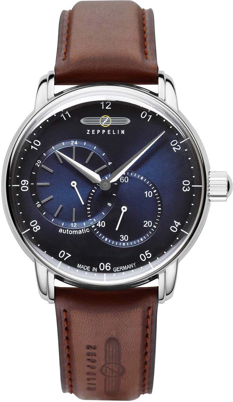 Pulsera de hombre: correa de cuero marrón, caja plateada, esfera azul con contadores