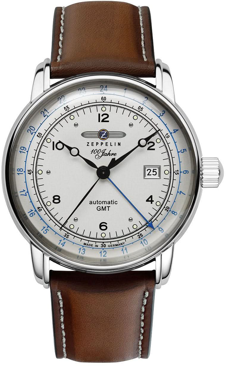 Reloj Zeppelin para hombre con correa de cuero marrón, caja plateada y esfera blanca (GMT)