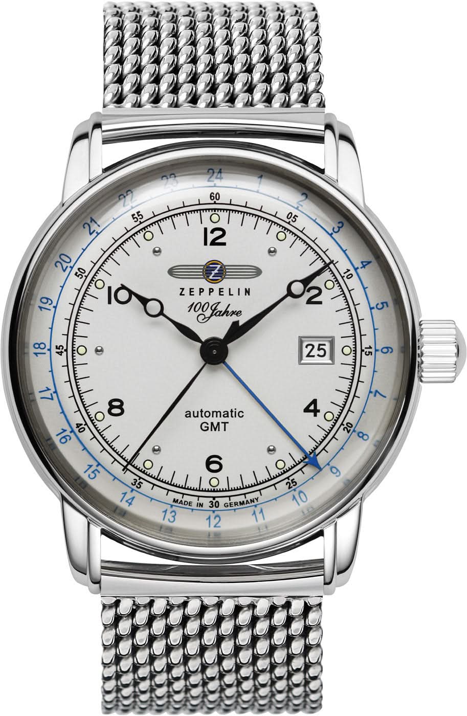 Reloj Zeppelin para hombre con correa de metal plateada, esfera blanca y anillo GMT azul, fecha