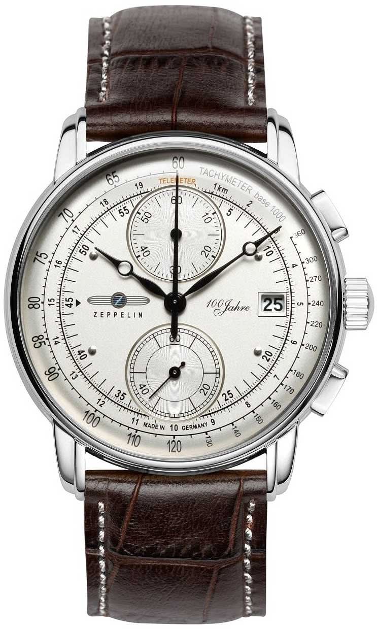 Reloj para hombre con cronógrafo, caja de acero inoxidable plateado, correa de cuero marrón, fecha a las 25