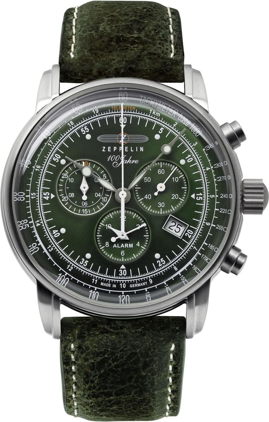 Reloj de hombre con esfera verde, tres subesferas de cronógrafo y correa de cuero verde