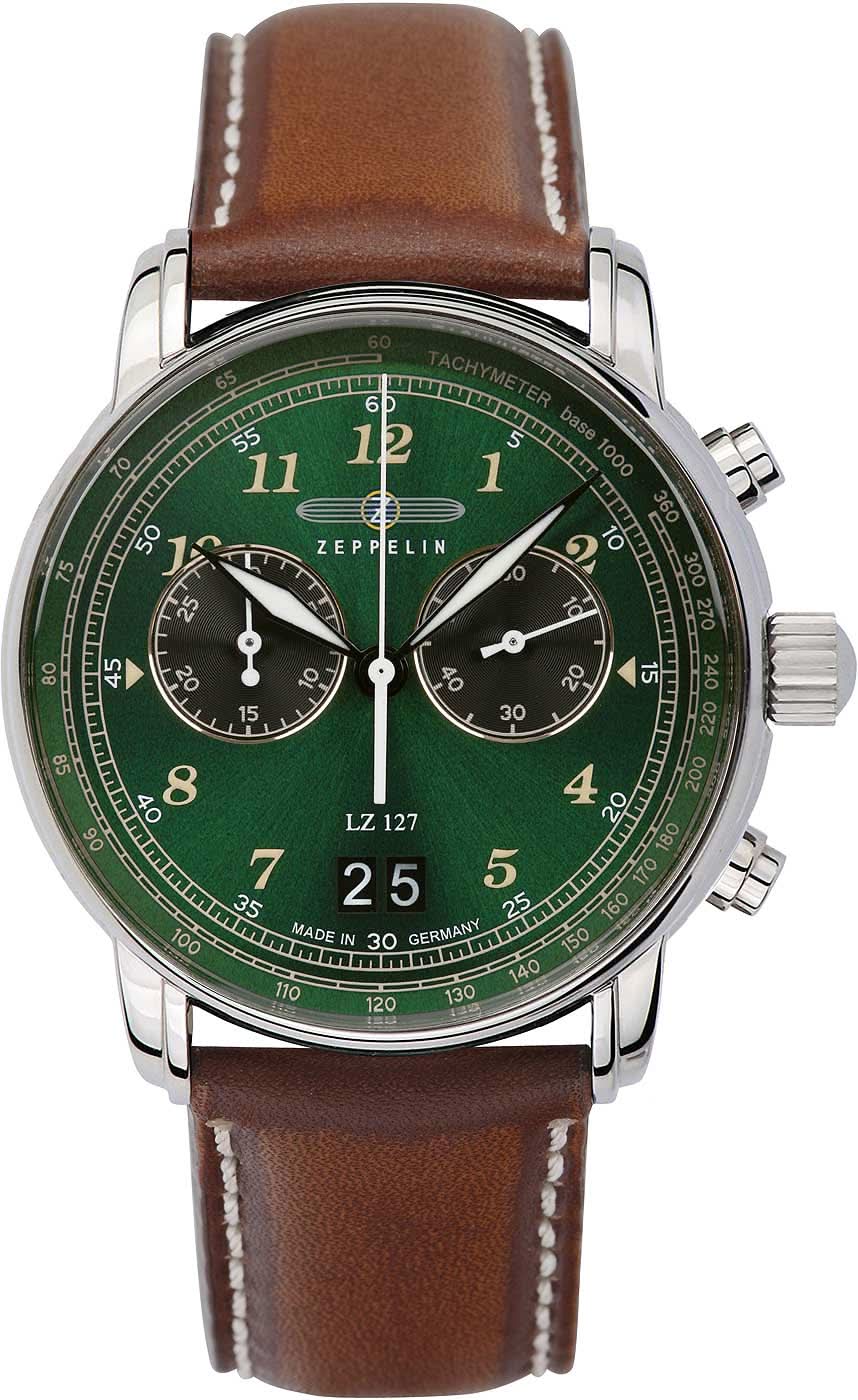 Reloj de hombre: esfera verde, correa de cuero marrón, subesferas de cronógrafo