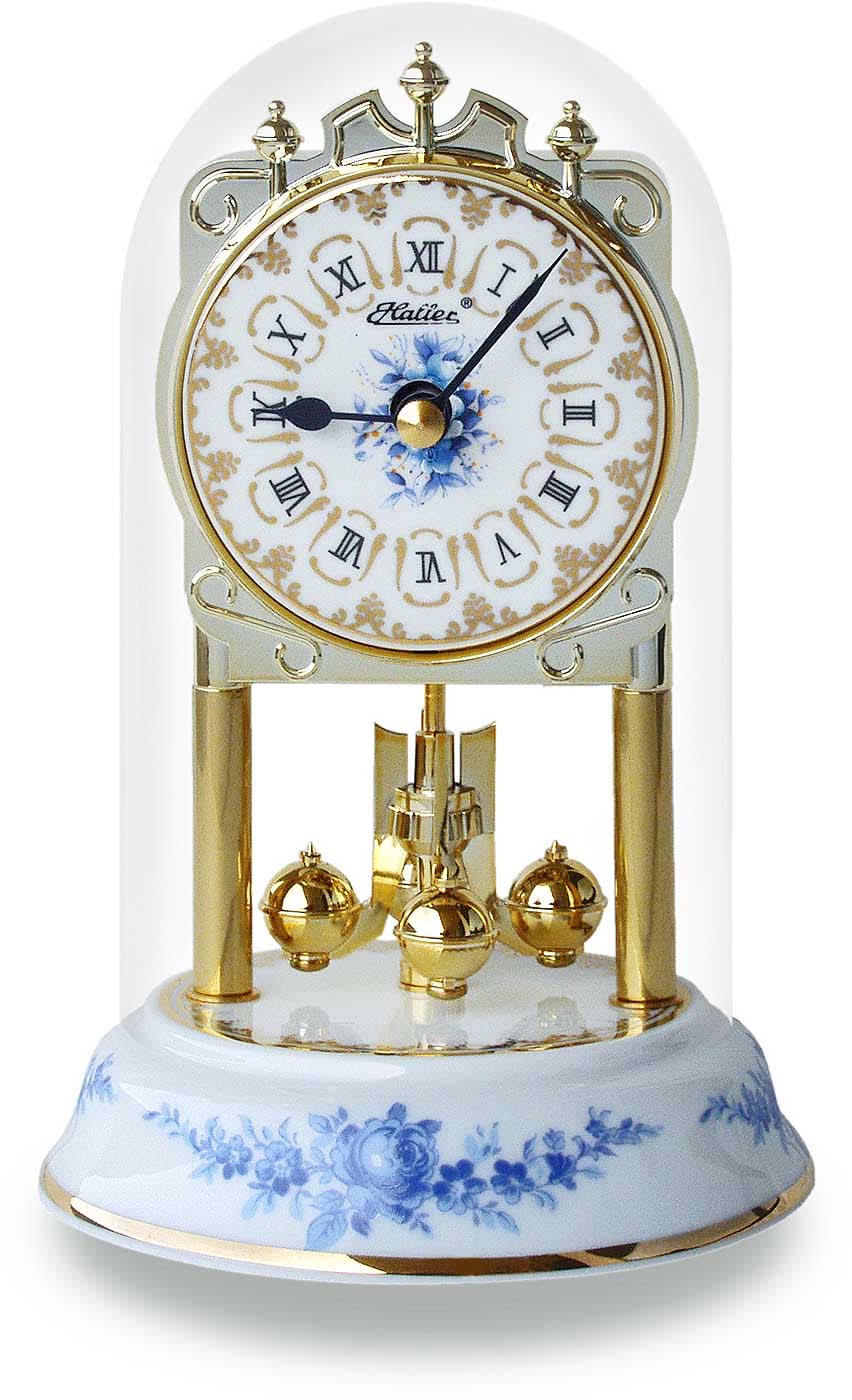Reloj de mesa de cerámica con flores azules, cristal en forma de campana y adornos dorados