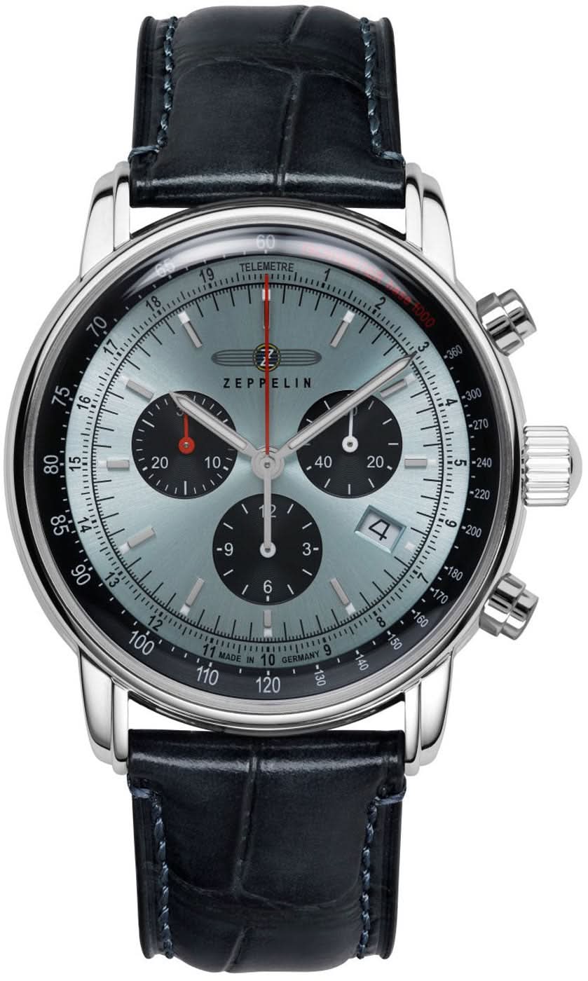 Reloj de hombre con correa de cuero azul, caja plateada de cronógrafo y esfera clara