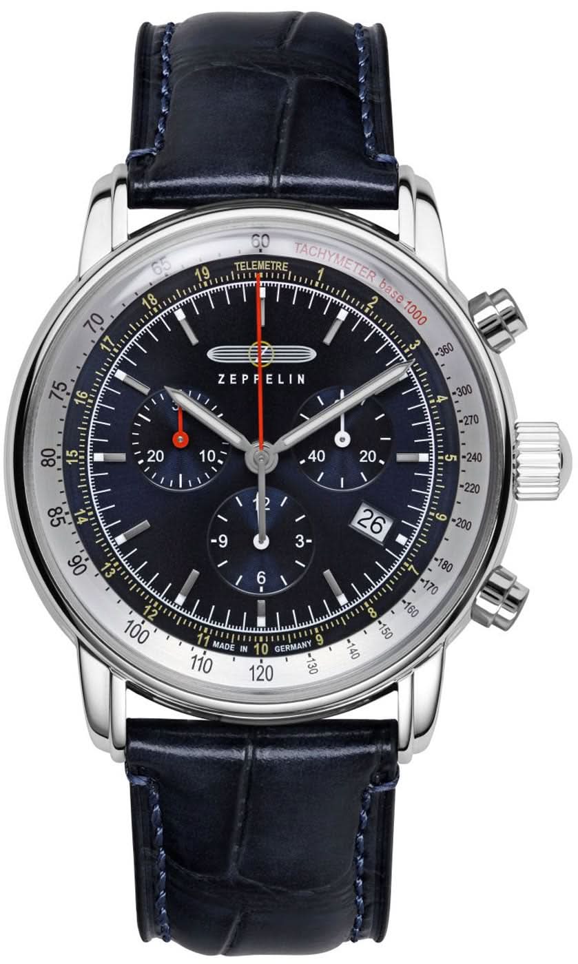 Reloj de hombre con correa de cuero azul oscuro, caja de acero inoxidable y esfera de cronógrafo